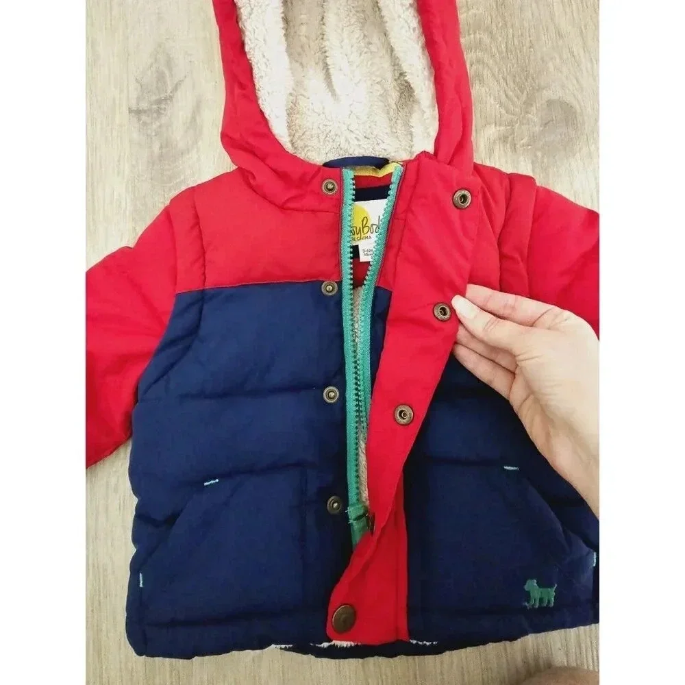 Baby Mini Boden Hooded Navy Red Convertible Coat Jacket Vest Sherpa 3-6 Months